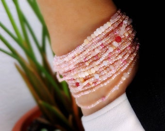 Pink Opal Long Seed Bead Stretch Bracelet, Necklace, October Birthstone Colors
