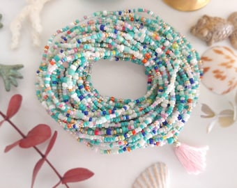 Turquoise and Cream Extra Long Seed Bead Wrap Bracelet  - Tassel Optional