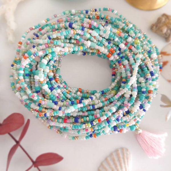 Turquoise and Cream Extra Long Seed Bead Wrap Bracelet  - Tassel Optional