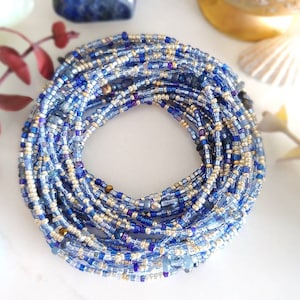 Sapphire Blues Beaded Wrap Bracelet Long Seed Bead Stretch Bracelet September Birthstone Colors image 1