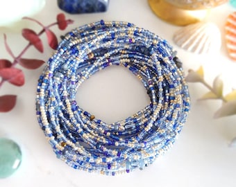 Sapphire Blues Beaded Wrap Bracelet Long Seed Bead Stretch Bracelet - September Birthstone Colors