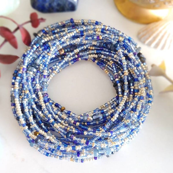 Sapphire Blues Beaded Wrap Bracelet Long Seed Bead Stretch Bracelet - September Birthstone Colors
