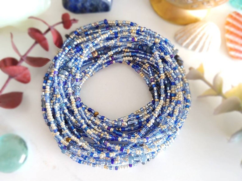 Sapphire Blues Beaded Wrap Bracelet Long Seed Bead Stretch Bracelet September Birthstone Colors image 1