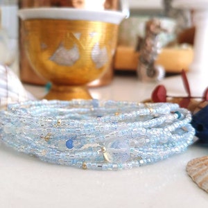 Polar Blue Topaz Long Seed Bead Wrap Bracelet with Sea Opal Wear as Necklace Bracelet or Anklet image 2