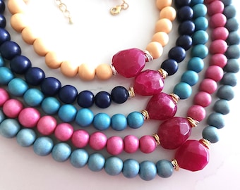 Beach Ball Necklaces, Magenta Faceted Agate Centerpiece, Gold Plated Clasp