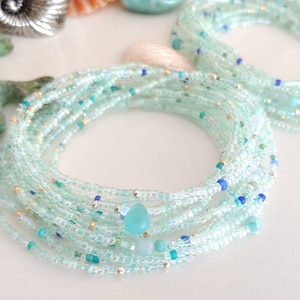 Aquamarine Sea Glass Beaded Wrap Bracelet - 87" Long Seed Bead Stretch Bracelet