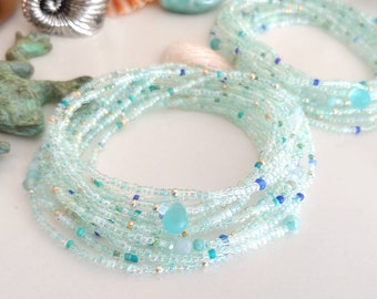 Aquamarine Sea Glass Beaded Wrap Bracelet - 87" Long Seed Bead Stretch Bracelet