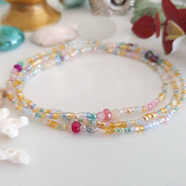 Watercolors Long Seed Bead Stretch 3 Wrap Bracelet with Sapphire and Amethyst and Citrine Faceted Glasses and Tinted Jade