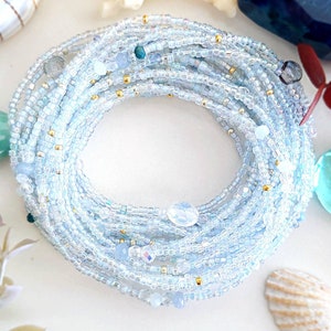 Polar Blue Topaz Long Seed Bead Wrap Bracelet with Sea Opal Wear as Necklace Bracelet or Anklet image 4