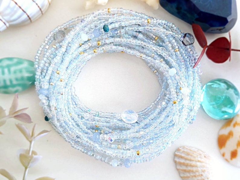 Polar Blue Topaz Long Seed Bead Wrap Bracelet with Sea Opal Wear as Necklace Bracelet or Anklet image 4