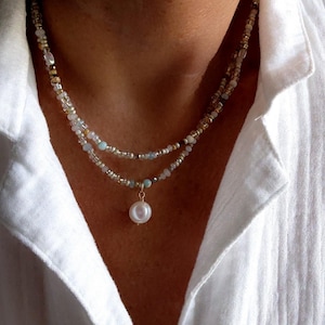 Collar largo de cuentas "Marea Baja": Amazonita, Jaspe, Perla de agua dulce