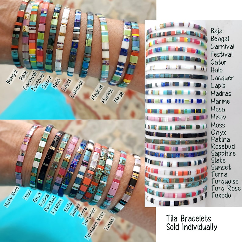 Peut inclure: Une collection de bracelets Tila compos&eacute;s de perles de verre carr&eacute;es multicolores dispos&eacute;es selon divers motifs. L'image pr&eacute;sente plusieurs bracelets avec des &eacute;tiquettes incluant Bengal, Baja, Carnival, Festival, Gator, Halo, Lapis, Lacquer, Madras, Marine, Mesa, Misty Rose, Moss, Onyx, Patina, Rosebud, Sapphire, Slate, Sunset, Terra, Turquoise, Turq Rose et Tuxedo.