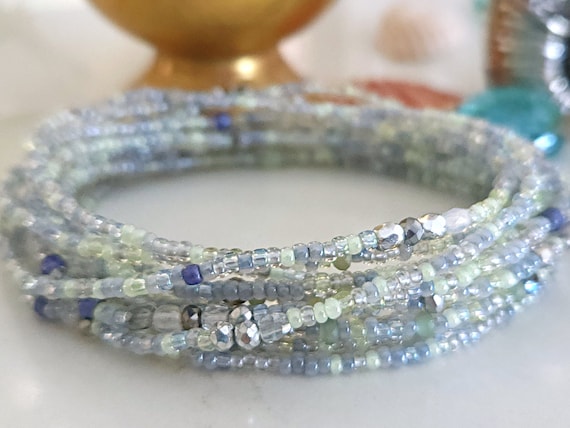 Lichen Moss Long Seed Bead Wrap Bracelet or Necklace on Stretch Cord