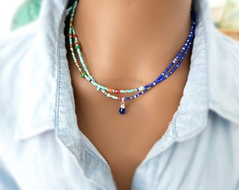 Cobalt and Turquoise Long Beaded Wrap Necklace or Bracelet with Genuine Stones