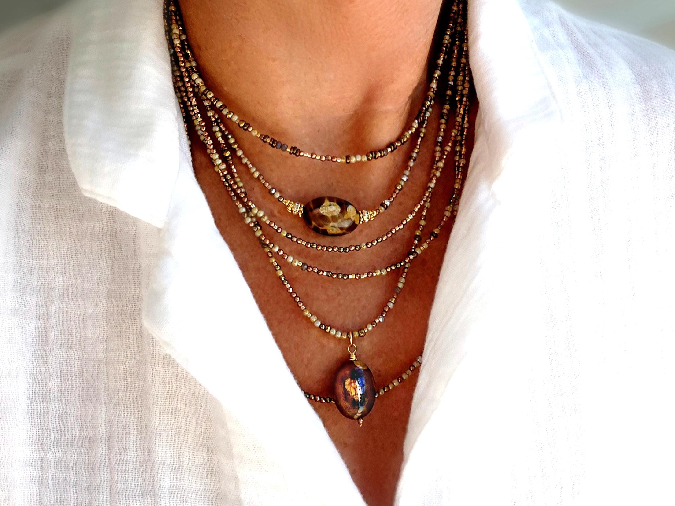 Tiger Fire Agate Necklace: Czech Glass Crystal Beaded Strand