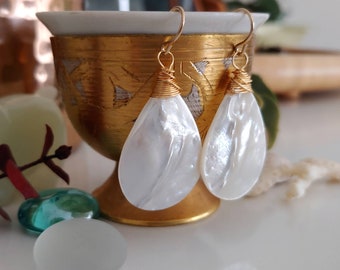 Mother of Pearl Shell Drop Earrings - 14K Gold Filled or Sterling Ear Wires