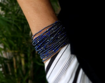 Midnight Lacquer Wrap Bracelet with Sapphire Crystals, Glass and Jet Seed Beads