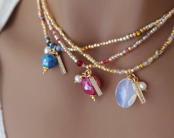 Luster Stone and Pearl Necklaces - No Clasp Stretch Choose your design