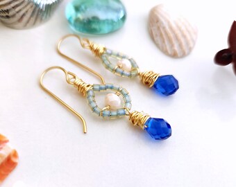 Cobalt, Aqua and Ivory Delicate Droplet Earrings on 14K Gold Filled Ear Wires