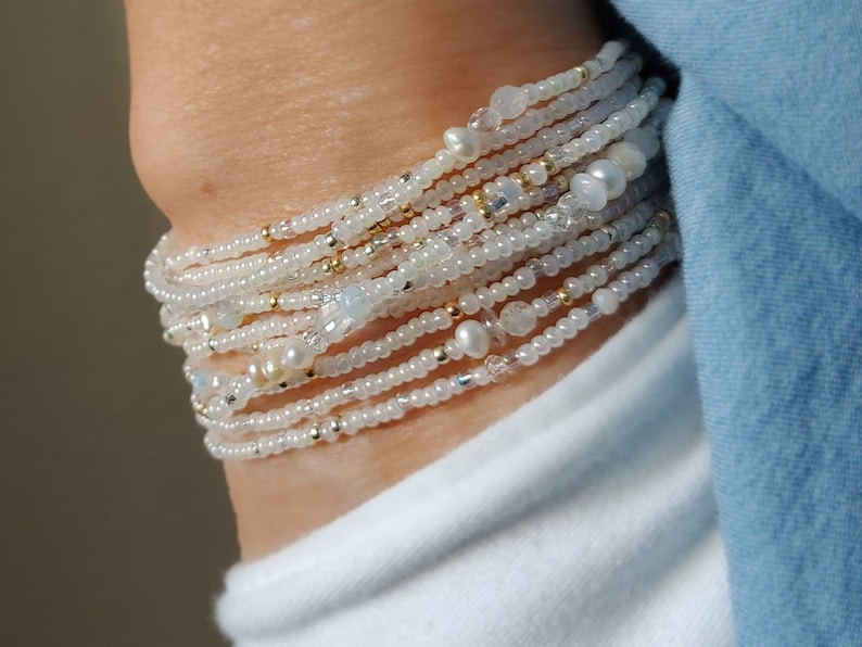 Venus Pearl, Moonstone and Crystal Extra Long Seed Bead Wrap Bracelet Wear as Necklace Bracelet and More image 3