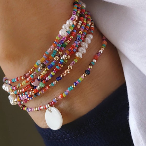 Calypso Pearl Beaded 7 Wrap Bracelet or Necklace on Stretch Cord
