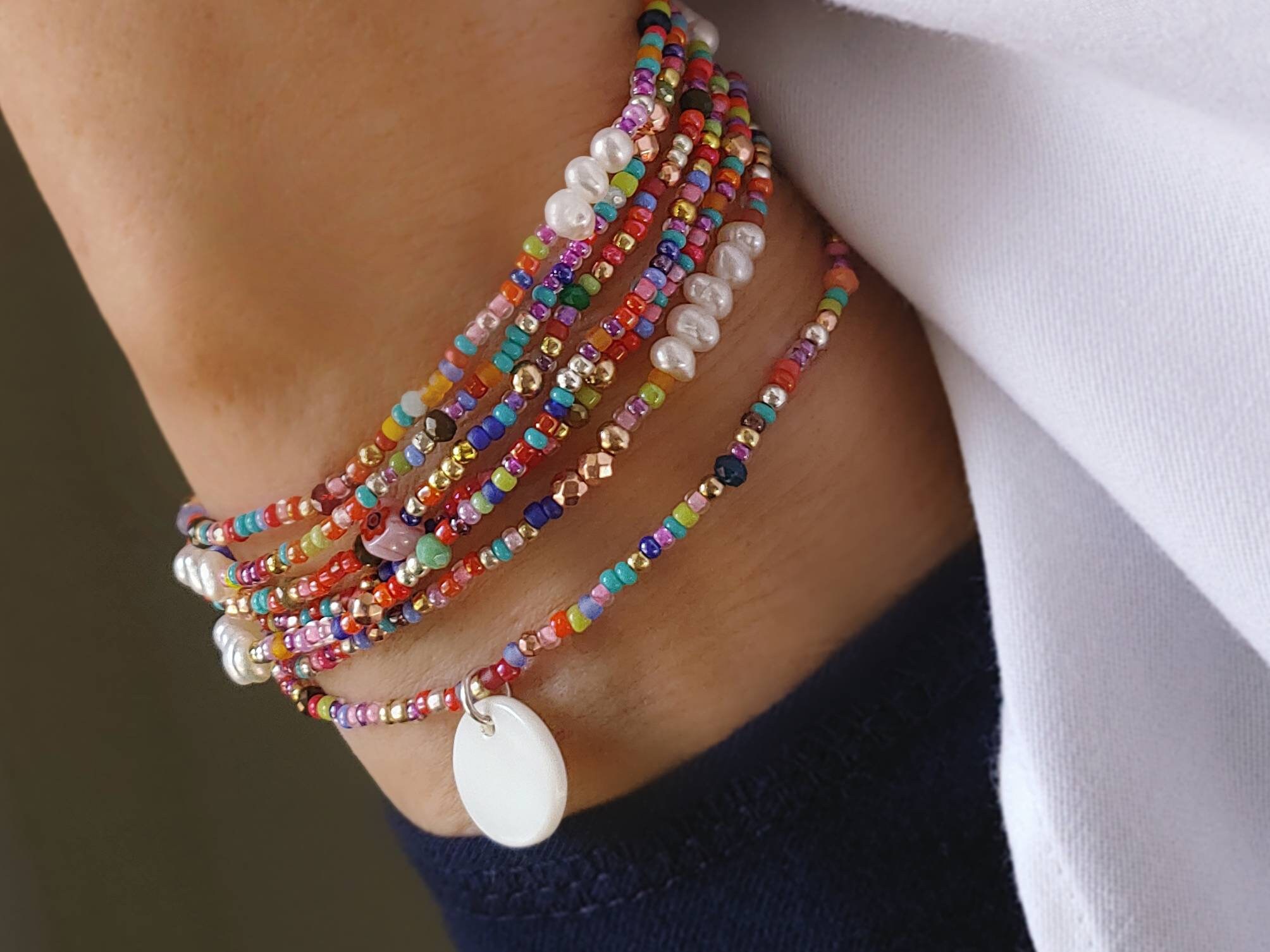Calypso Pearl Beaded 7 Wrap Bracelet or Necklace on Stretch Cord