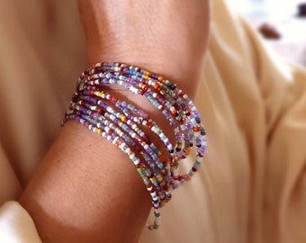 Dusk Long Seed Bead Wrap Bracelet, Necklace on Stretch Cord