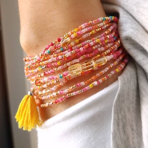 Strawberry Lemonade Citrine and Seed Bead Wrap Bracelet - Tassel Optional