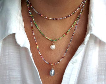 Pearl Drop Seed Bead Necklaces - Choose your Pearl Color, Palette and Length