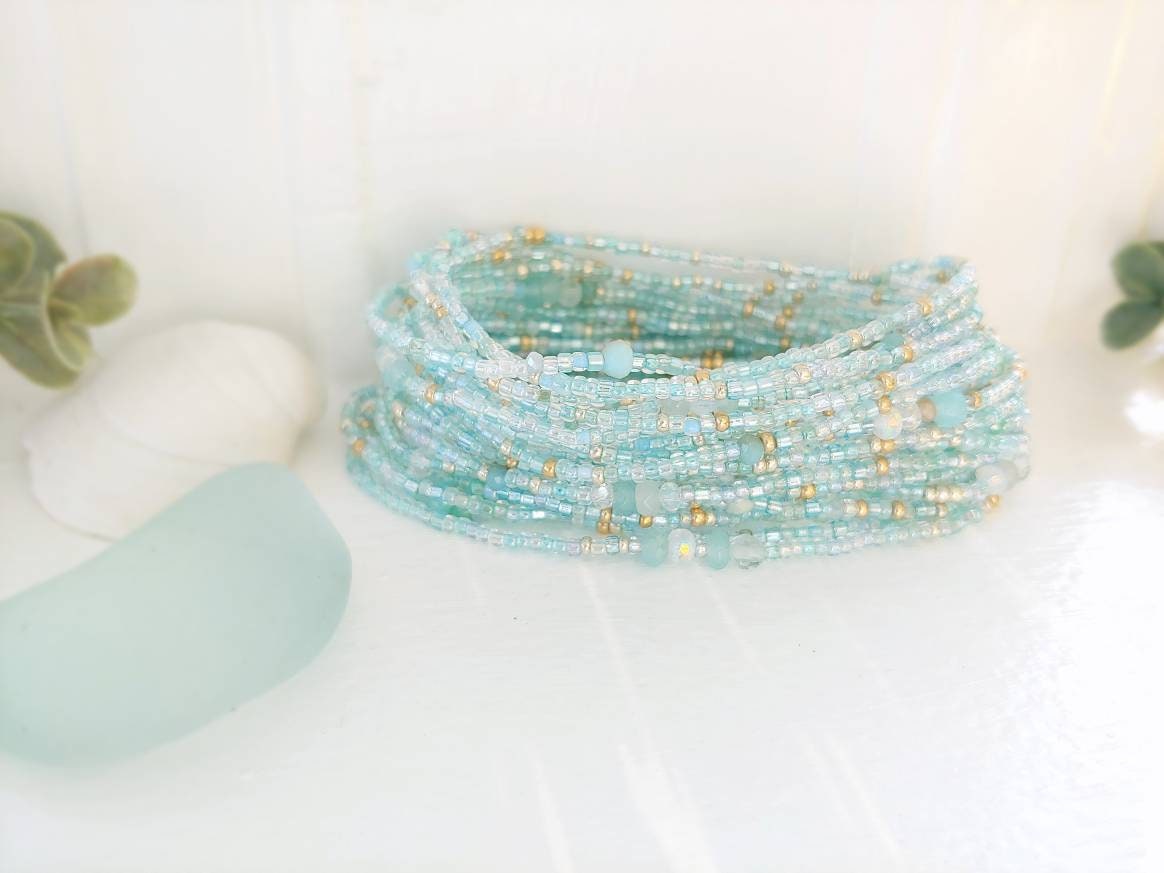 March Birthstone Aquamarine Long Seed Bead Stretch Bracelet 