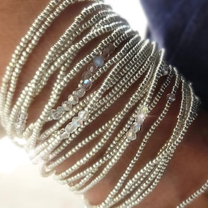 Icicle Crystal and Silver Long Seed Bead Stretch Bracelet, Necklace