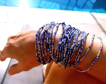 Sapphire Blues Beaded Wrap Bracelet Long Seed Bead Stretch Bracelet - September Birthstone Colors