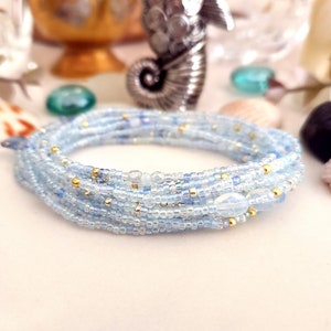 Polar Blue Topaz Long Seed Bead Wrap Bracelet with Sea Opal Wear as Necklace Bracelet or Anklet image 8