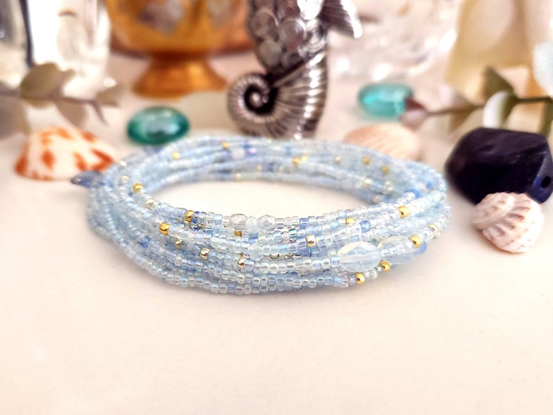 Polar Blue Topaz Long Seed Bead Wrap Bracelet with Sea Opal Wear as Necklace Bracelet or Anklet image 8