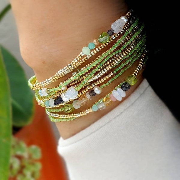 Peridot, Iolite and Pearl Extra Long Seed Bead Wrap Bracelet