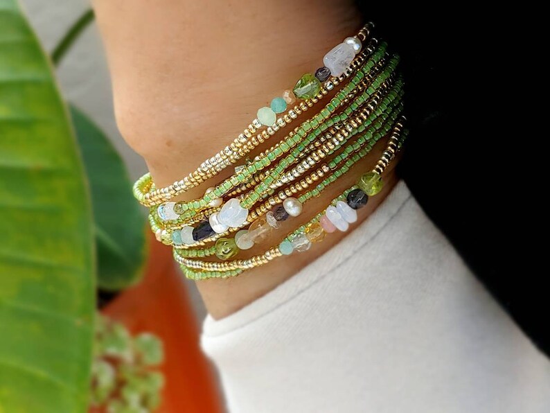 Peridot, Iolite and Pearl Extra Long Seed Bead Wrap Bracelet 