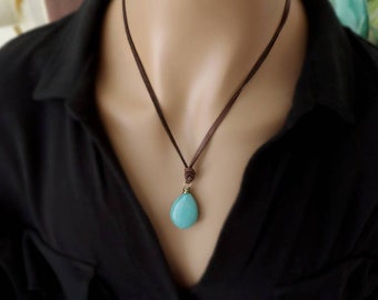 Turquoise Drop Leather Necklace - Adjustable Bead Sliding Closure