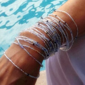 Polar Blues - Blue Topaz Colored Seed Bead Wrap Bracelet: Sea Opal Accent, Stretch Cord