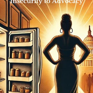 Op de afbeelding: Een vrouw in een zwarte jurk staat voor een koelkast met een volle voorraadkast en een helder licht achter haar. De tekst "From Hunger to Hope: My Journey from Food Insecurity to Advocacy" staat bovenaan de afbeelding. De naam van de vrouw, "Barbie Izquierdo", staat onderaan de afbeelding.