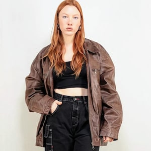 Oversized Brown Genuine Leather Jacket – Women 90s Grunge, Y2K Biker Style, Vintage Unisex Streetwear, Distressed Bomber