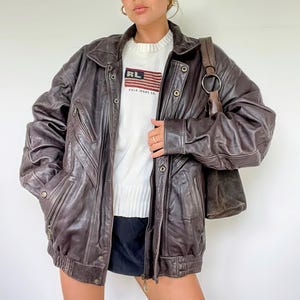 Vintage Dark Brown Leather Bomber Jacket: Y2K Oversized Unisex