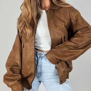 Vintage Brown Leather Jacket – 90s Oversized Bomber Style, Unisex Retro Streetwear