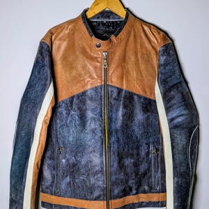 Distressed Vintage 90s Moto Real Leather Jacket – Rugged Oversized Racing Retro Style