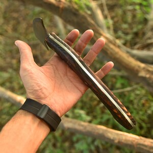 Puede incluir: Un cuchillo artesanal con una hoja curva y un mango de madera oscura. El mango presenta intrincadas tallas y un acento de color plateado. El cuchillo se sostiene en una mano, mostrando su dise&ntilde;o y artesan&iacute;a. La hoja es de metal.