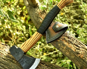 Hand Forged Bushcraft Axe, Handmade Camping Hatchet, Ash Wood Handle with Leather Sheath