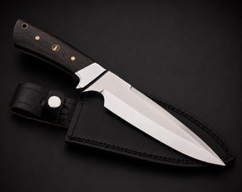Handmade Full Tang Hunting Knife, Custom Camping Knife with Wenge Wood Handle & Leather Sheath