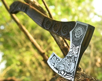 Forged Viking Axe, Handmade Camping Hatchet with Rosewood Handle & Leather Sheath