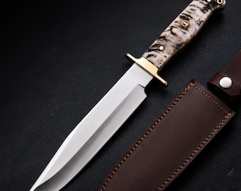 Handmade Bowie Knife, Full Tang Hunting Knife, Ram Horn Handle with Leather Sheath
