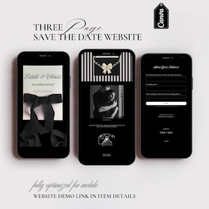 Könnte beinhalten: Design einer dreiseitigen Save the Date-Website, dargestellt auf drei schwarzen Smartphones. Das Design zeigt elegante Schwarz-Weiß-Elemente, darunter eine Schleife, ein Paar-Foto und ein Formular. Der Text lautet "Estelle & Chriss are getting married."