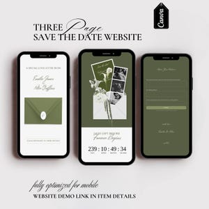 Może przedstawiać: Trójstronicowy projekt strony internetowej Save the Date wyświetlany na trzech smartfonach. Projekt charakteryzuje się oliwkową kolorystyką z tekstem "A Special Love Letter From" i "Days Left Before Forever Begins". Logo Canva znajduje się w prawym górnym rogu.